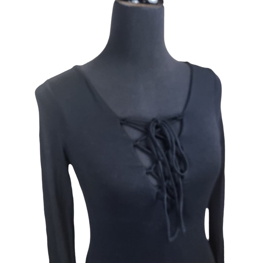 Lulu's Dress Size Large Lace Up Front Bodycon Long Sleeve Black Mini Dress - Picture 4 of 8